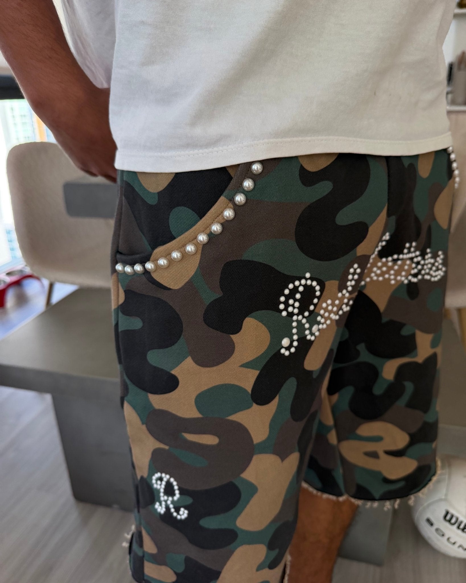 Camo Pearls French Terry Shorts - Red Letters