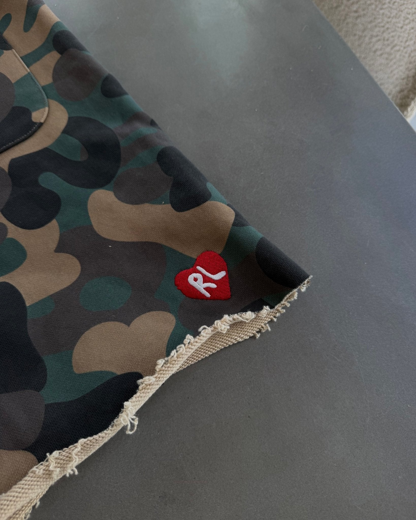 Camo Pearls French Terry Shorts - Red Letters