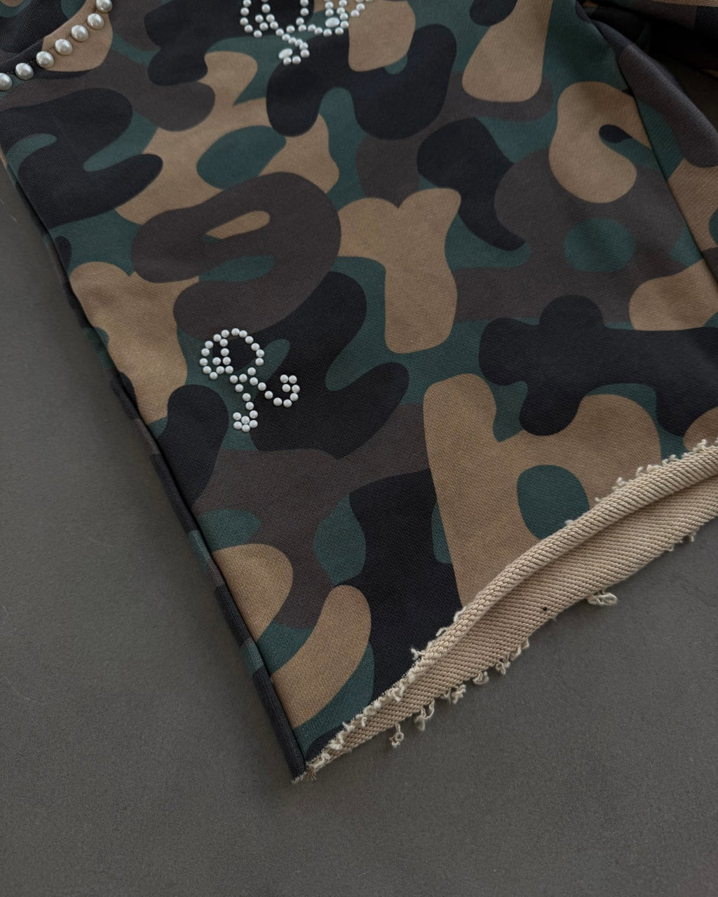Camo Pearls French Terry Shorts - Red Letters