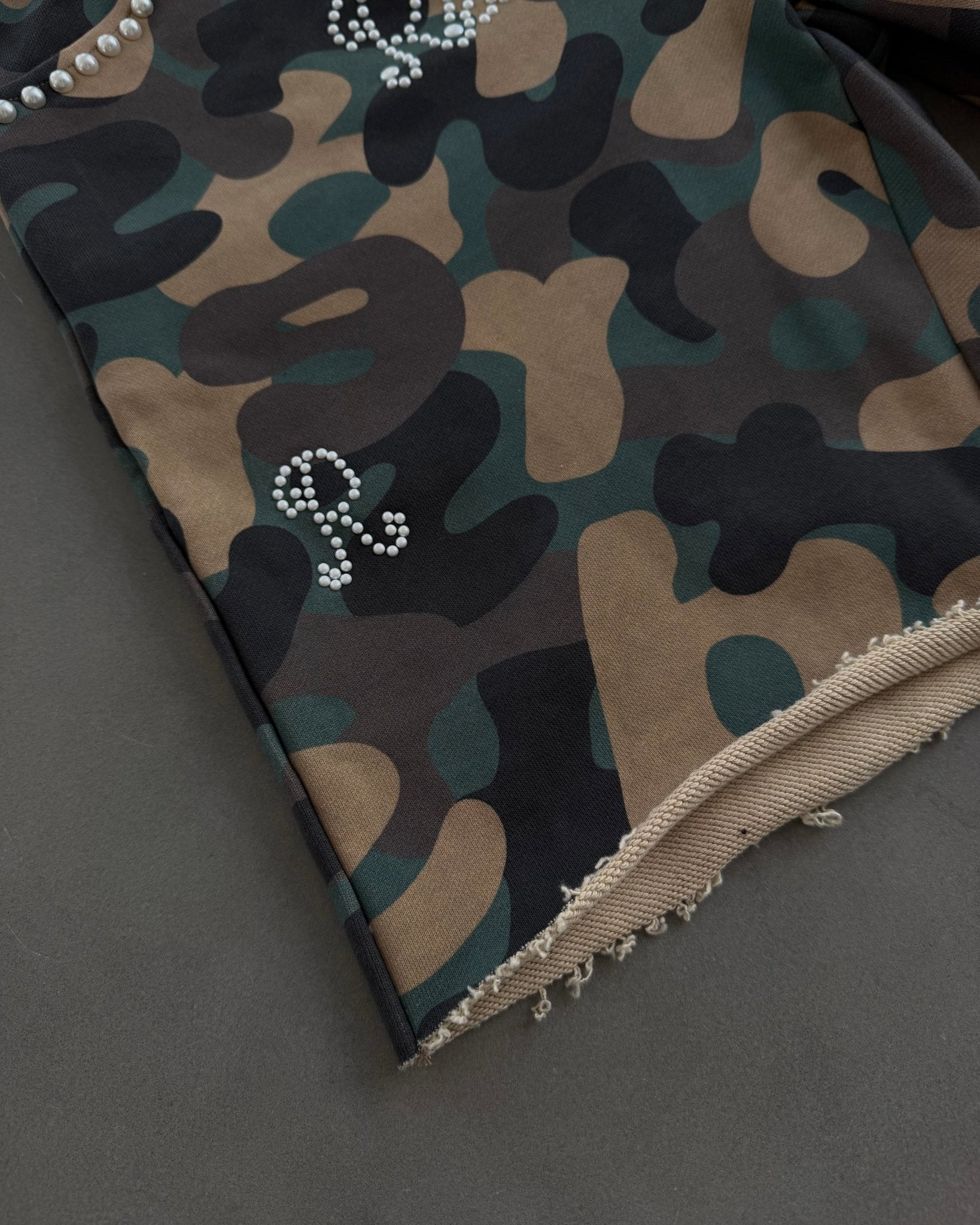 Camo Pearls French Terry Shorts - Red Letters