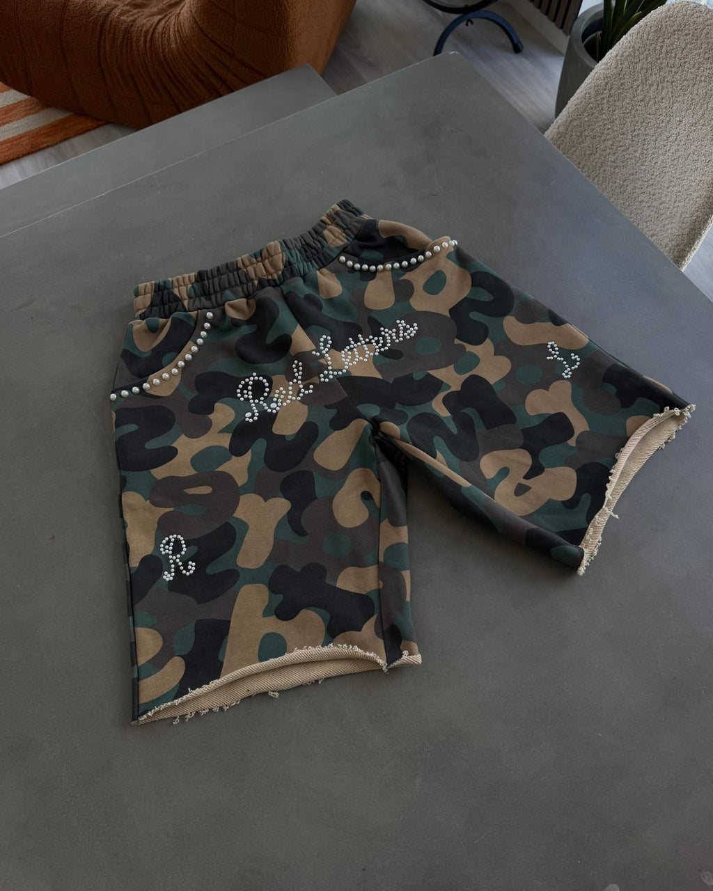 Camo Pearls French Terry Shorts - Red Letters