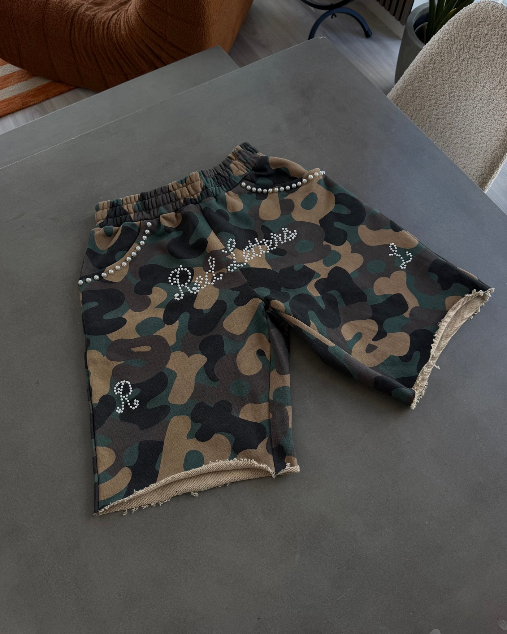 Camo Pearls French Terry Shorts - Red Letters