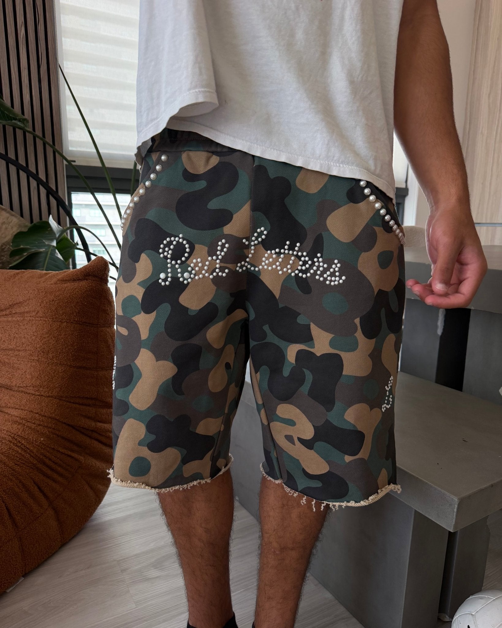 Camo Pearls French Terry Shorts - Red Letters