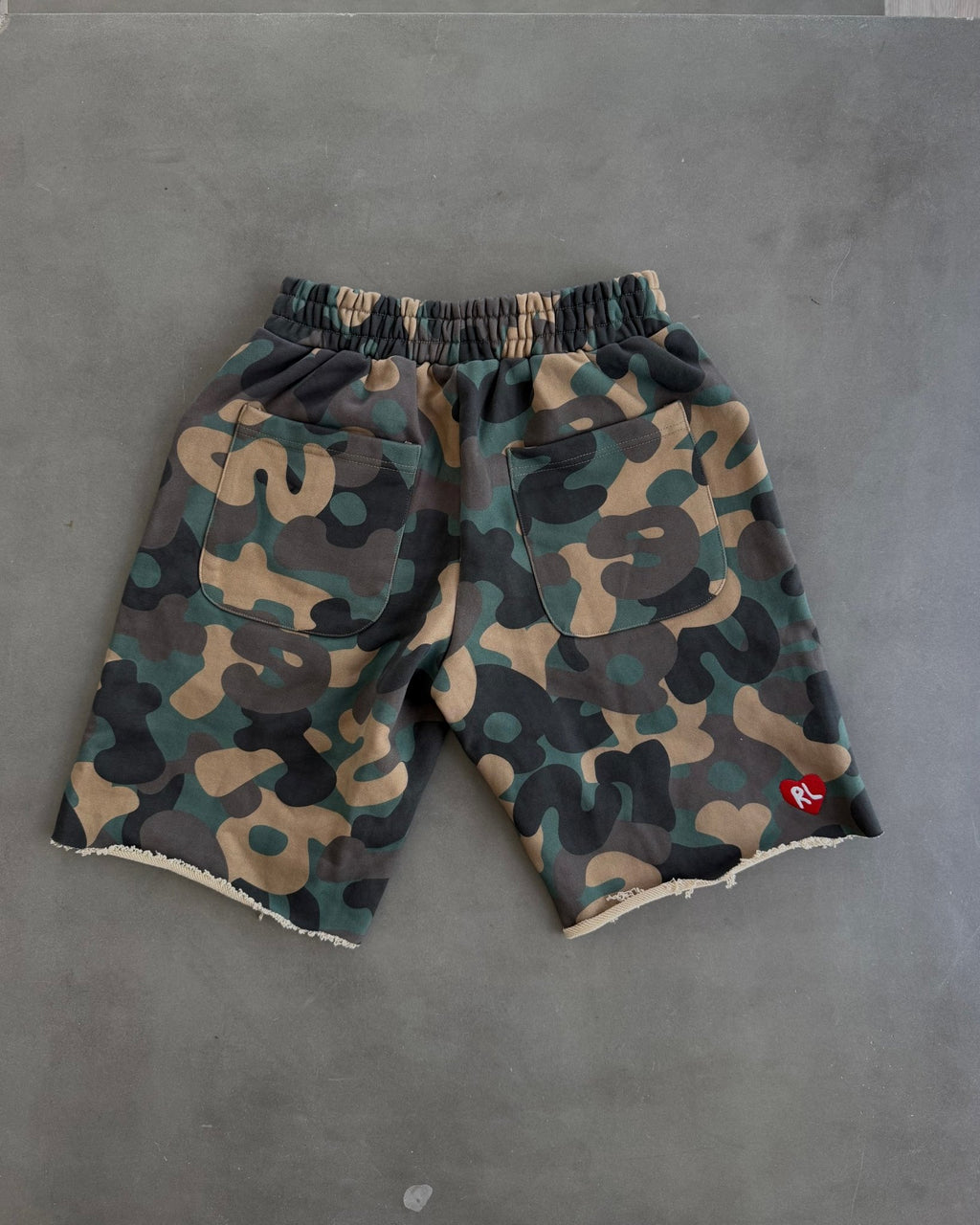 Camo Pearls French Terry Shorts - Red Letters