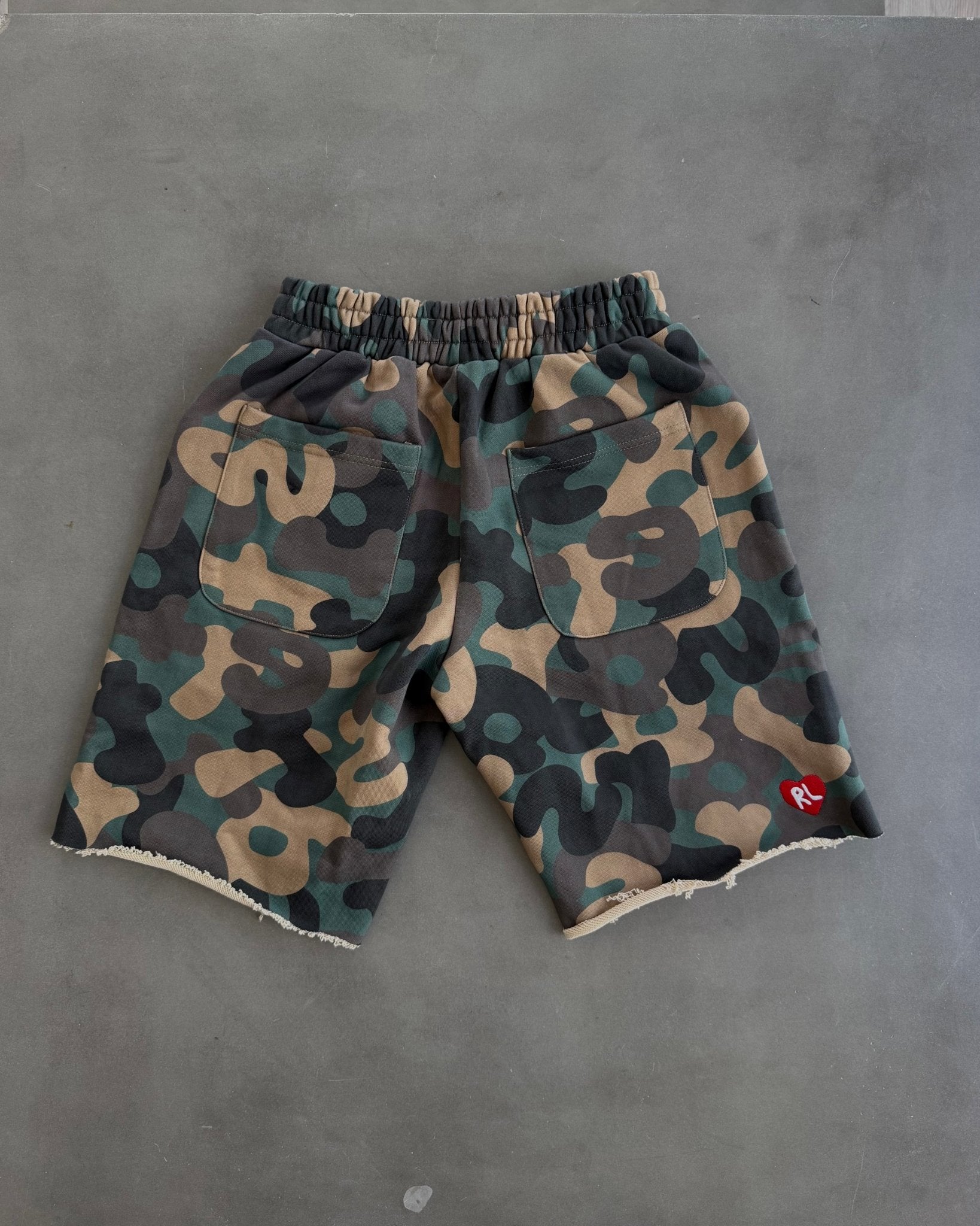 Camo Pearls French Terry Shorts - Red Letters
