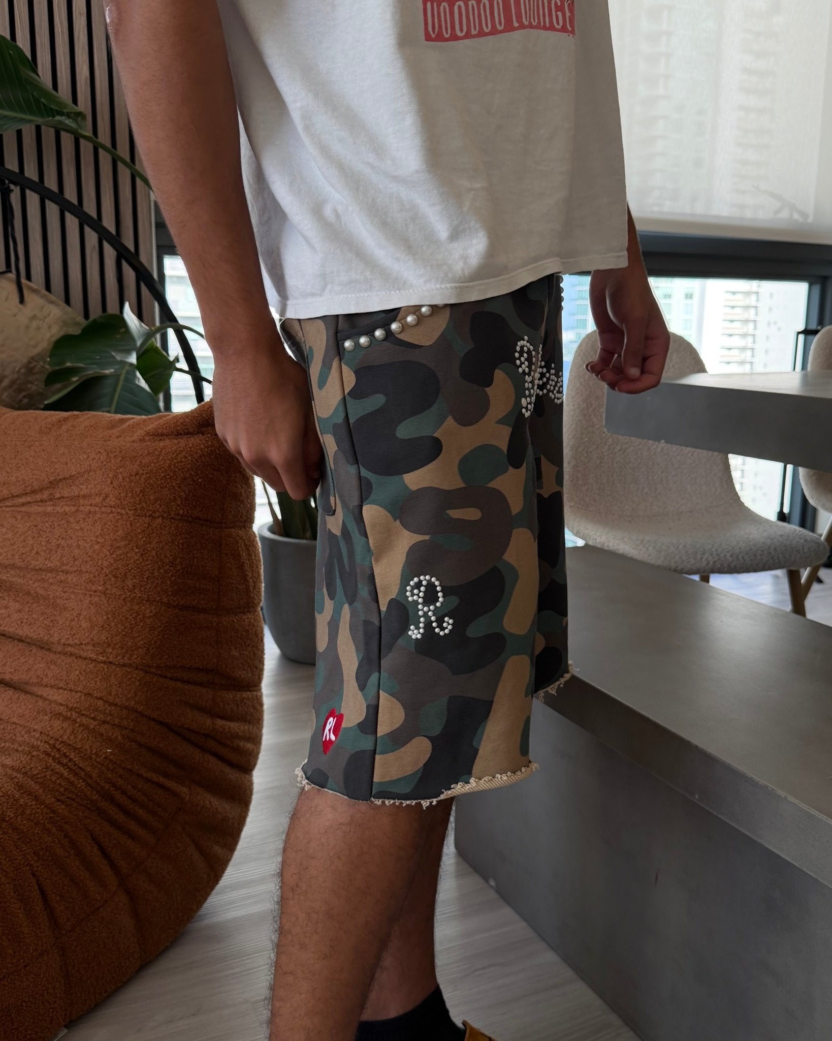 Camo Pearls French Terry Shorts - Red Letters