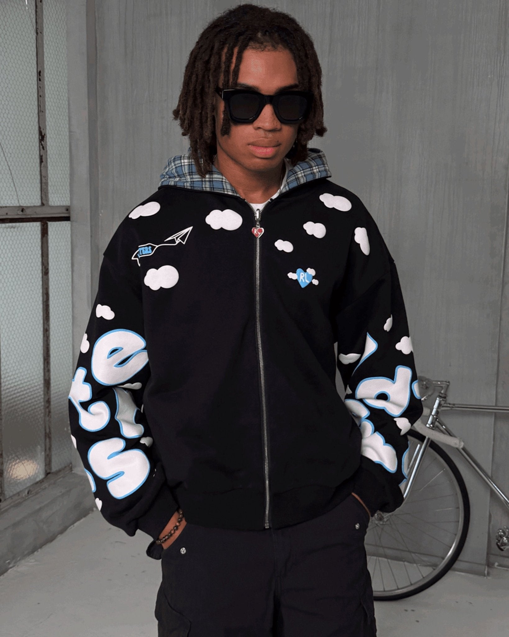 Fly Me To The Moon Scattered Zip Up - Black - Red Letters