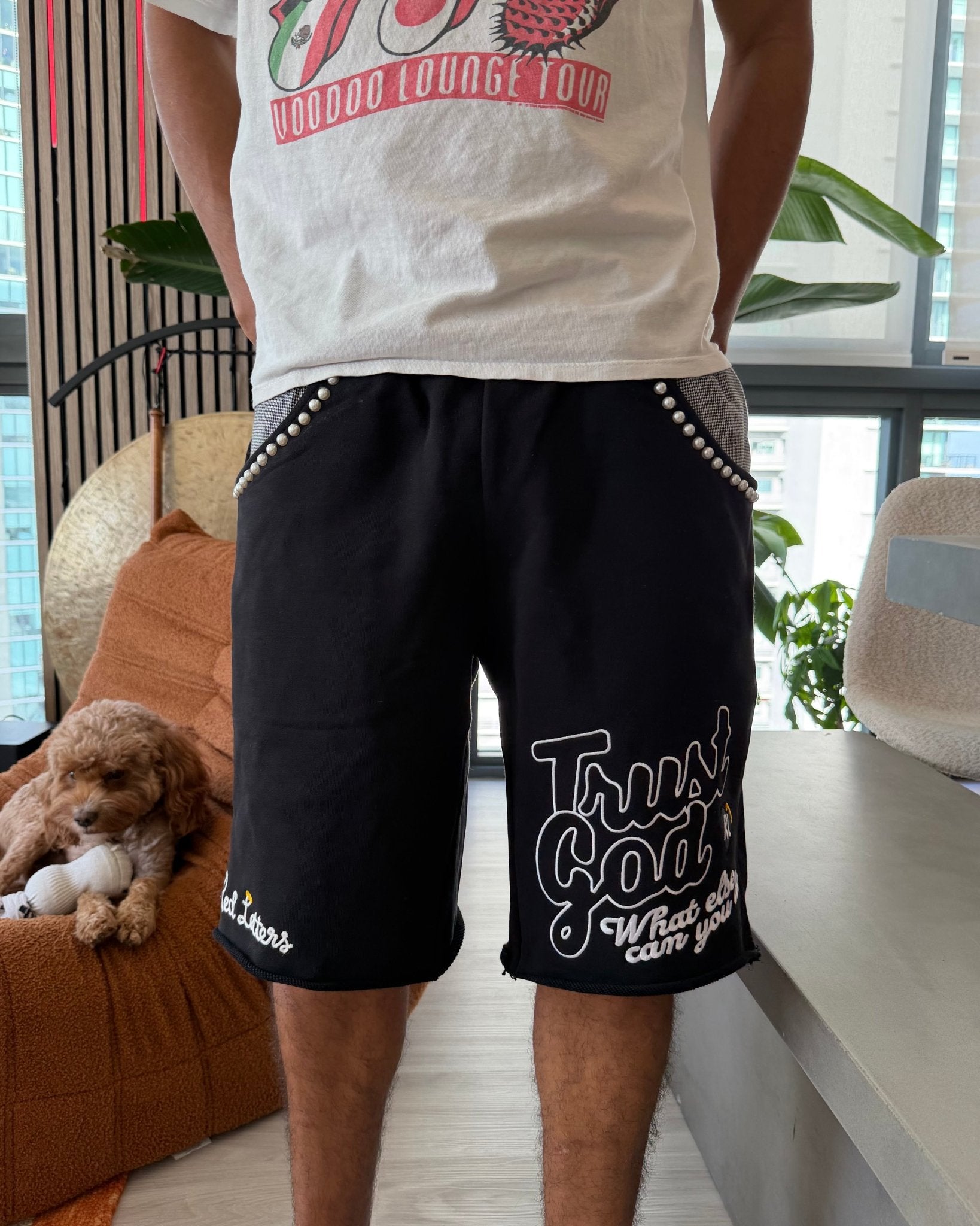 Trust God French Terry Shorts - Black - Red Letters