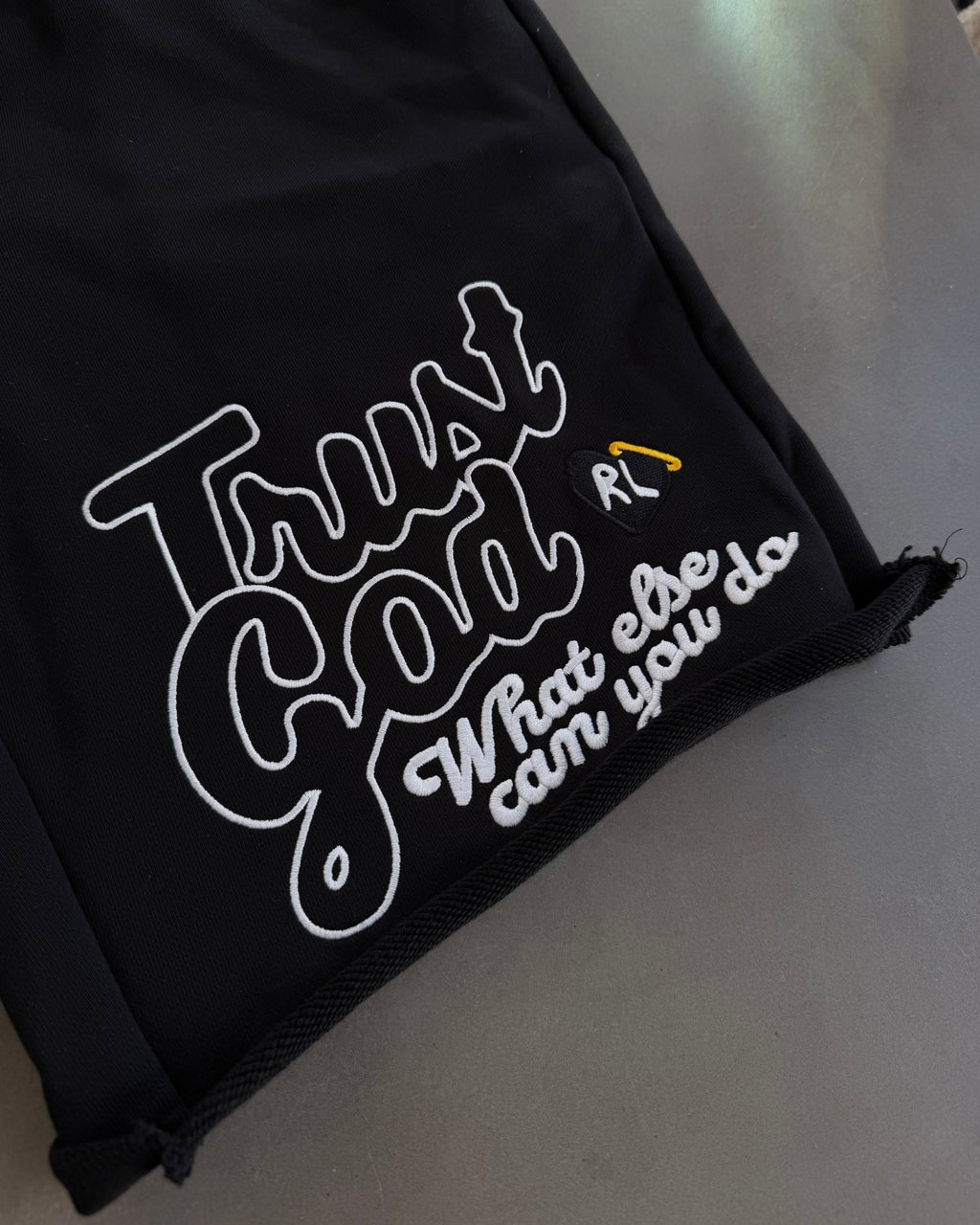 Trust God French Terry Shorts - Black - Red Letters