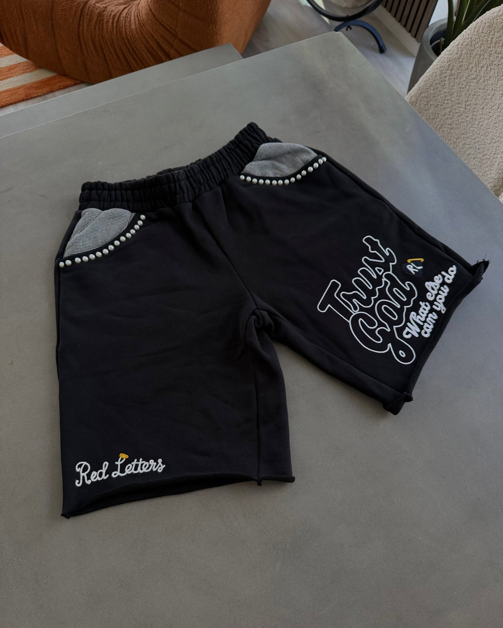 Trust God French Terry Shorts - Black - Red Letters