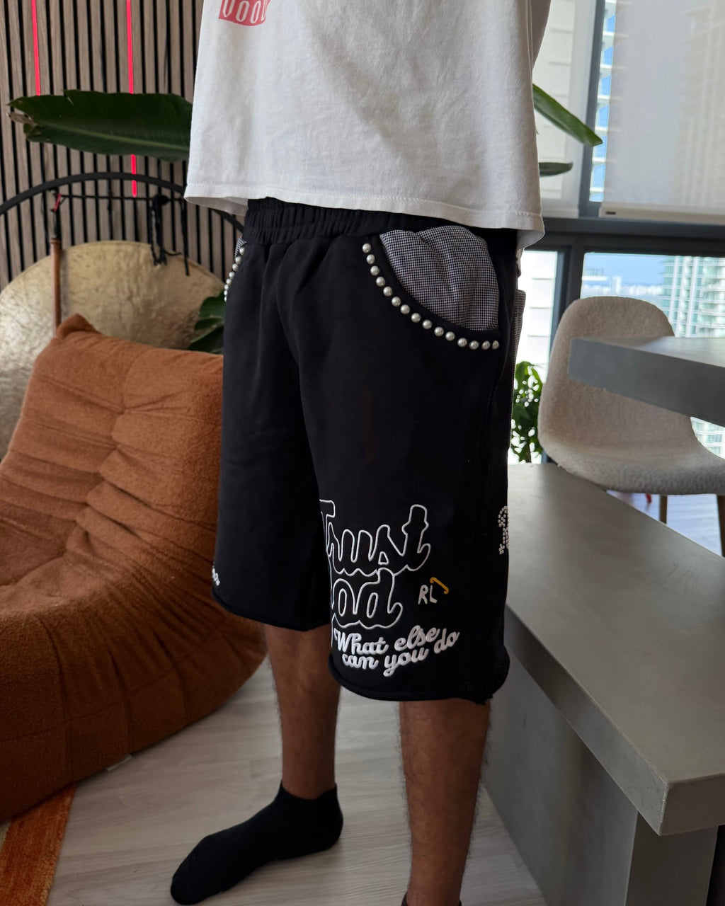 Trust God French Terry Shorts - Black - Red Letters