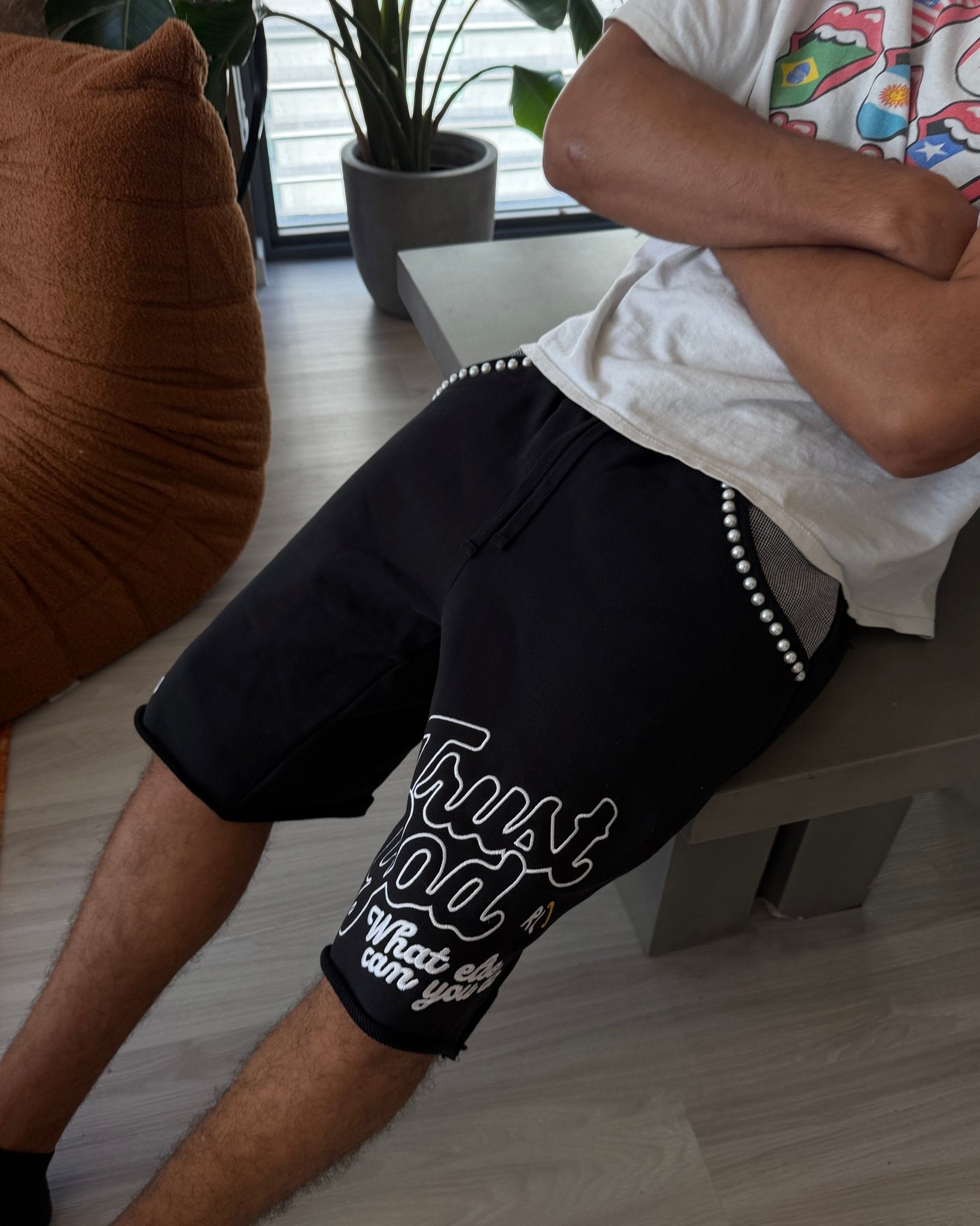 Trust God French Terry Shorts - Black - Red Letters