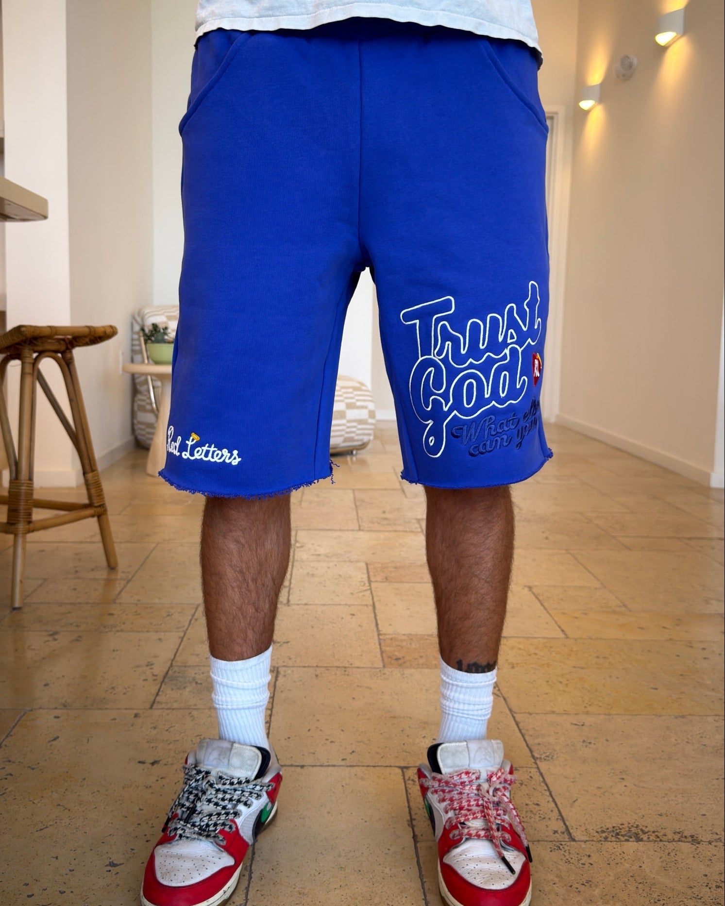 Trust God French Terry Shorts - Royal - Red Letters